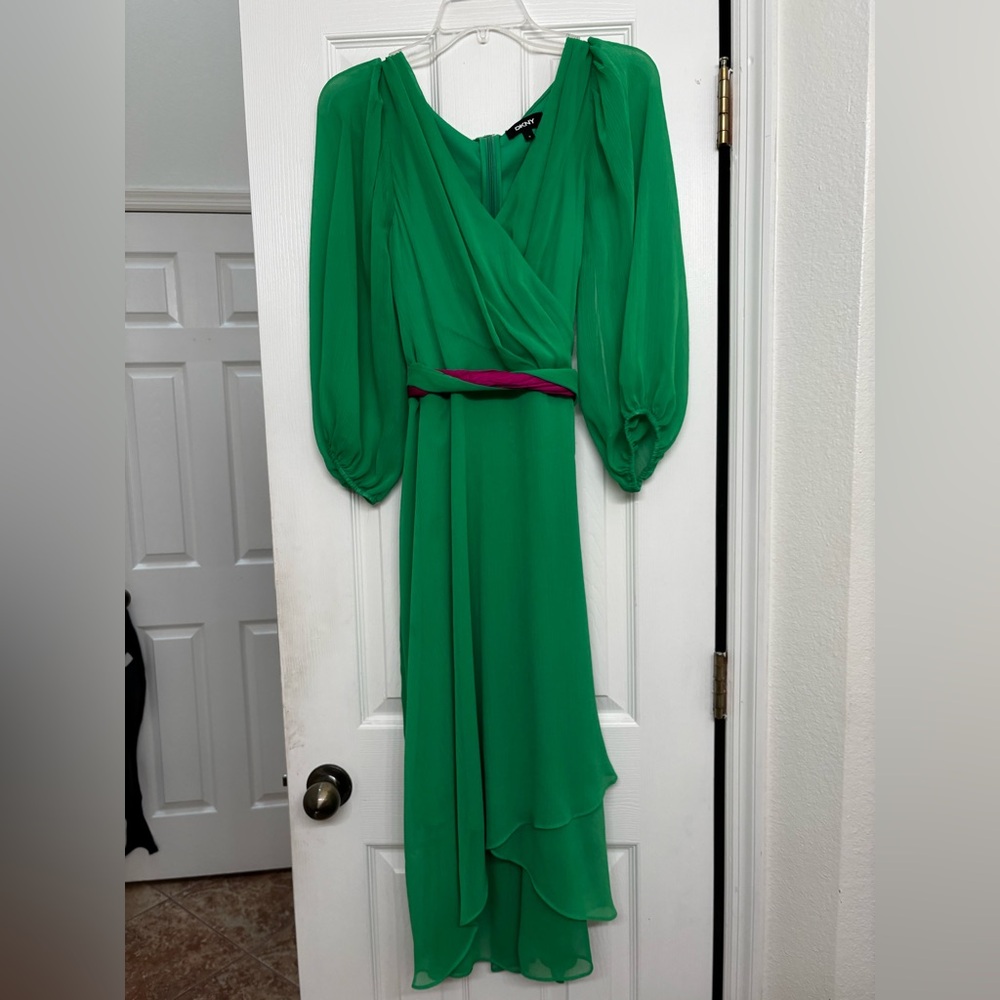 DKNY Asymmetrical Dress in Green with Pink Accent